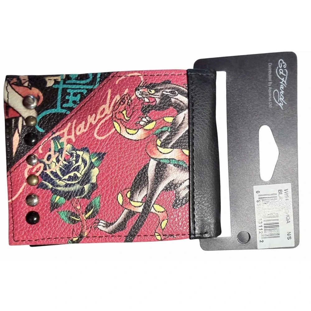 New Ed Hardy Men's Bifold Wallet Red Faux Leather Panther Dragon Heart Tattoo